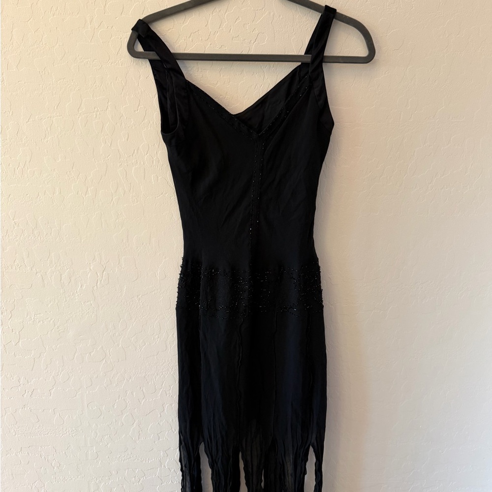 Jones New York Black Beaded Chiffon Dress | Size 6 Elegant Fringe Hem Worn Once